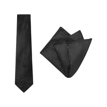 Load image into Gallery viewer, Buckle Black Paisley Tie and Pocket Square Set